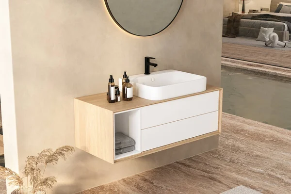 Beyaz leğen, oval ayna, küvet, vazoda kuru bitkiler, granit zeminde halı. Banyo aksesuarları, havuz. 3B görüntüleme