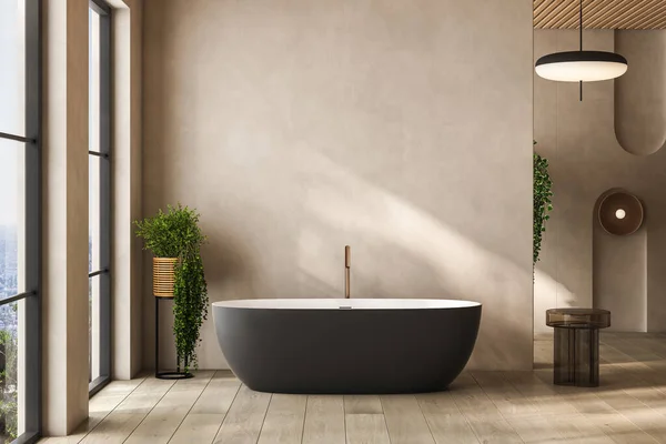 米色浴室内部与黑色浴缸 地毯硬木地板 宾馆演播室的浴室配件和窗户 3D渲染 — 图库照片