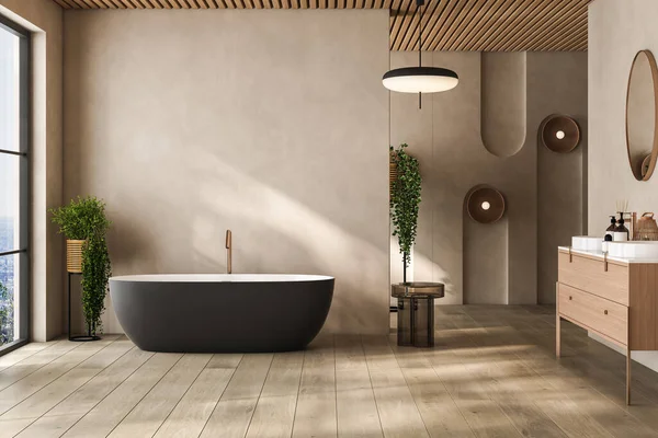 Interior Baño Beige Con Doble Lavabo Espejo Alfombra Suelo Madera —  Fotos de Stock