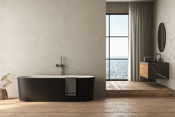 Moderno Cuarto Baño Interior Con Pared Beige Suelo Travertino Bañera —  Fotos de Stock