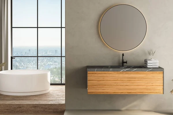 Modern Banyo Içi Gri Duvar Travertin Zemin Beyaz Oval Küvet — Stok fotoğraf