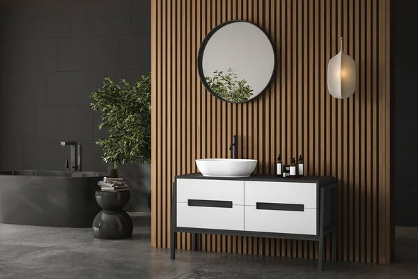 现代黑暗浴室内部有混凝土地板 黑色浴缸和白色水盆 带有现代家具的简约浴室 3D渲染 — 图库照片