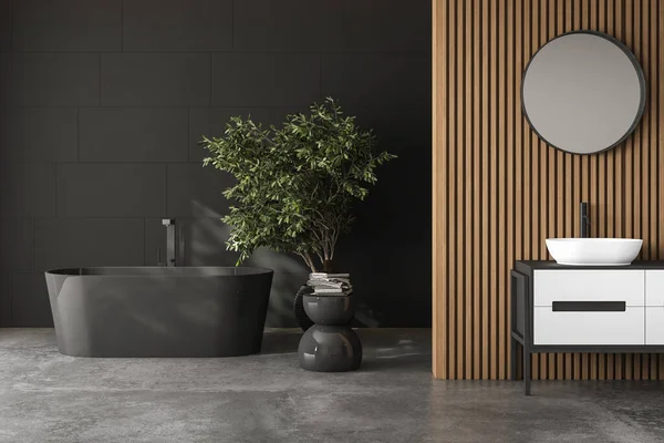 现代黑暗浴室内部有混凝土地板 黑色浴缸和白色水盆 带有现代家具的简约浴室 3D渲染 — 图库照片