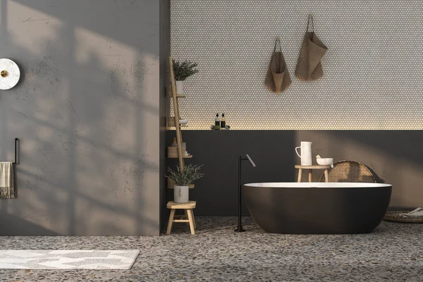现代简约的浴室内部 浴室橱柜的模拟墙 室内工厂 浴室配件 梯形地板 3D渲染 — 图库照片