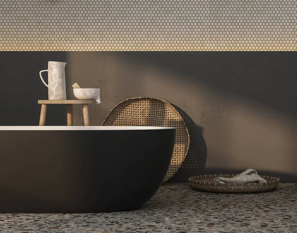 现代简约的浴室内部与黑色浴缸 室内工厂 浴室配件 黑色墙壁 Terrazzo地板 3D渲染 — 图库照片