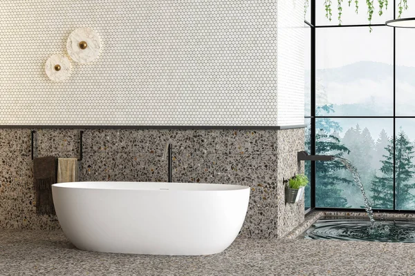 Mooie Witte Badkuip Terrazzo Vloer Moderne Badkamer Met Uitzicht Het — Stockfoto