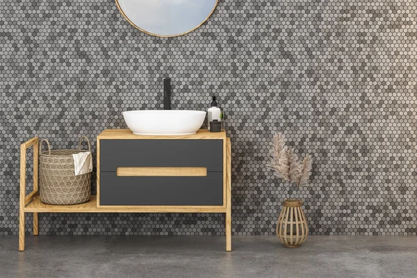 バスルームで白い洗面台 バスケット タオル 乾燥植物 タイル壁とコンクリート床と現代のバスルームの虚栄心のフロントビュー 3Dレンダリング — ストック写真