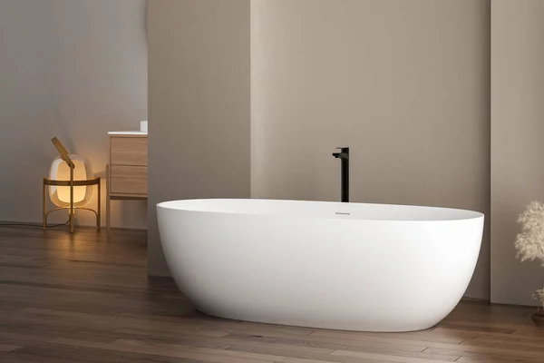 Stilvolle Weiße Badewanne Auf Parkettboden Mit Rückwärtigem Wasserhahn Hellen Badezimmer — Stockfoto
