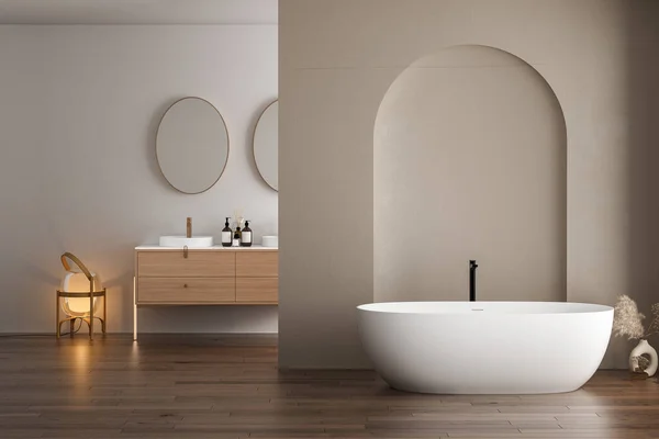 Světlý Interiér Koupelny Dvojitým Umyvadlem Zrcadlem Koberec Podlaze Tvrdého Dřeva — Stock fotografie