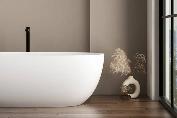 乾燥した植物 窓が付いている明るい浴室の寄木細工の床の白い浴槽を閉じなさい 背景に伏せろ 3Dレンダリング — ストック写真