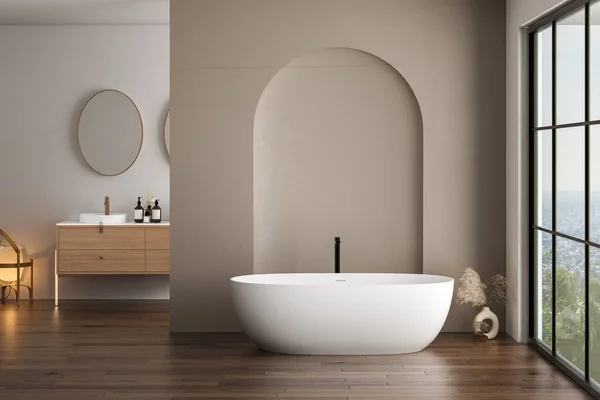 Interior Luminoso Baño Con Doble Lavabo Espejo Alfombra Piso Madera —  Fotos de Stock
