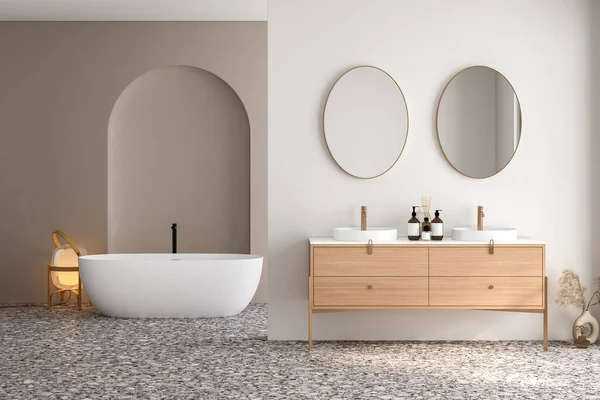 Çift lavabolu, aynalı, terrazzo zeminli, küvetli, bitkilerle dolu parlak bir banyo. Banyo aksesuarları ve modern mobilyalar. 3B görüntüleme