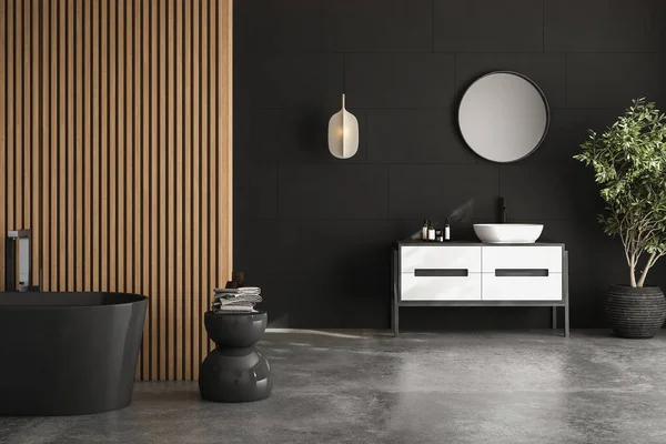 Badezimmer Mit Schwarz Weißem Waschbecken Mit Weißer Badewanne Und Holzboden — Stockfoto