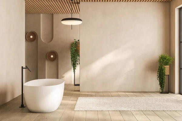 Banyo Dolabının Maketi Için Boş Bej Duvar Modern Banyo Küvet — Stok fotoğraf
