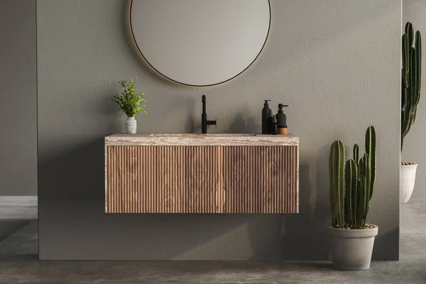 stock image 3D render close up blank empty space on vanity unit counter top with wash basin, modern black faucet in an exotic style bathroom. Tropical decor plants.