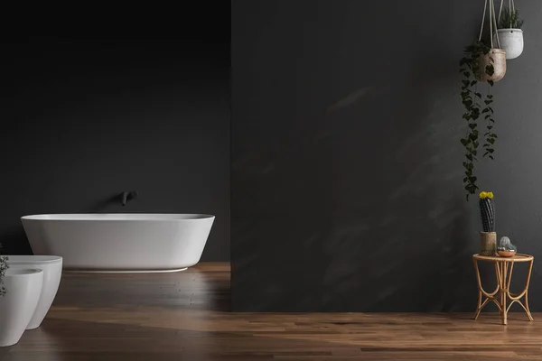 モダンなバスルーム バスタブ トイレ 寄木細工の床 窓から街の景色で バスルームキャビネットのモックアップのための空白の黒い壁 3Dレンダリング — ストック写真