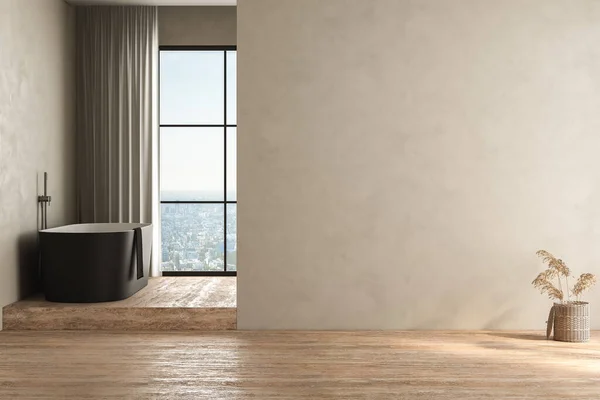 Banyo dolabının maketi için boş bej duvar, modern banyo, küvet, travertin zemin, pencereden şehir manzarası. 3d oluşturma