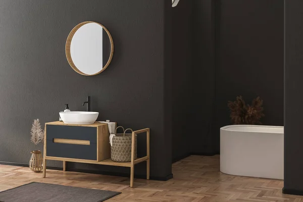 意大利风格的浴室 有黑色墙壁 花篮地板 白色水池 黑色水龙头和浴缸 包括毛巾 干草和地毯 理想的模拟照片 3D渲染 — 图库照片