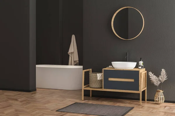 Stylish Italian Bathroom Black Walls Parquet Flooring White Sink Black — Stock Photo, Image
