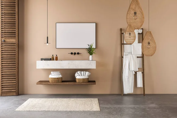 Parlak ve modern bir banyo, bej bir duvar ve beton tezgah kibri. İçinde havlular, sepetler, halı, beton döşeme, kolye ışıkları ve doğal ışık var. 3d oluşturma
