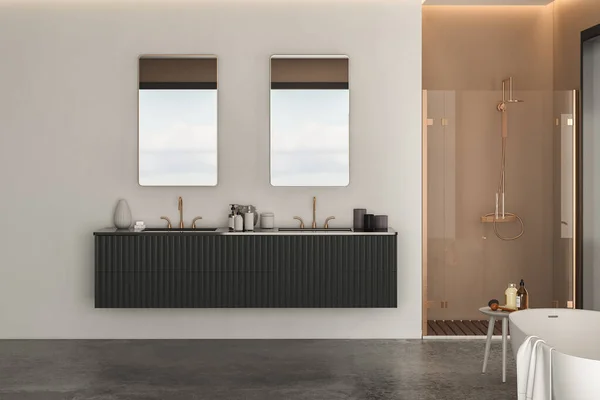 Modernes Badezimmer Mit Luxuriösen Schränken Weißer Badewanne Duschkabine Fenster Und — Stockfoto
