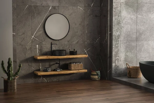 Moderní Koupelna Minimální Dřevěnou Marnivostí Oválným Zrcadlem Černým Umyvadlem Mramorovými — Stock fotografie