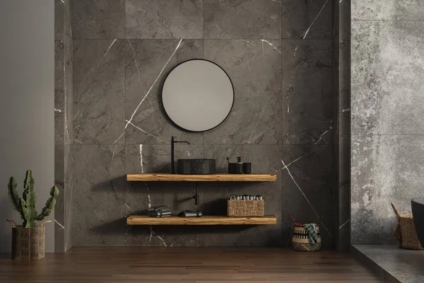 Banheiro Moderno Com Uma Vaidade Mínima Madeira Espelho Oval Pia — Fotografia de Stock