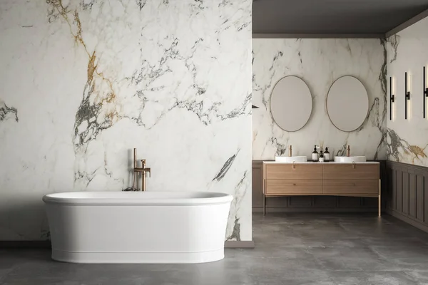 Çift lavabolu gösterişli bir banyo mermer duvarlar, beton döşemeler, kolye ve duvar lambaları, banyo aksesuarları ve beyaz bir banyo küveti. 3d oluşturma