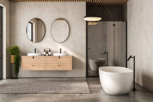 Çift Lavabolu Aynalı Modern Bej Banyo Beton Zeminde Halı Küvet — Stok fotoğraf