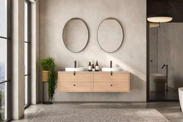 Çift lavabolu ve aynalı modern bej banyo, beton zeminde halı, küvet, duş alanı, bitkiler. Otel stüdyosunda banyo aksesuarları ve pencere. Model yap. 3B görüntüleme