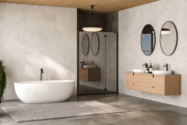 Çift Lavabolu Aynalı Modern Bej Banyo Beton Zeminde Halı Küvet — Stok fotoğraf