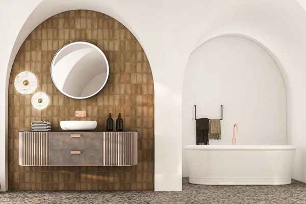 Μοντέρνο Πολυτελές Μπάνιο Κεραμικά Πλακάκια Και Λευκούς Τοίχους Μπανιέρα Πάτωμα — Φωτογραφία Αρχείου