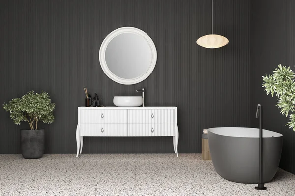 现代浴室的特色是一个白色的高端虚荣心和一个黑白浴缸 以及梯形地板和墙壁 一个黑色墙板 一个篮子 一个吊灯和自然光 3D渲染 — 图库照片