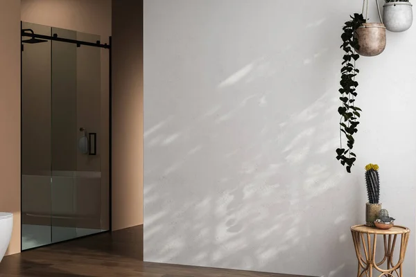现代浴室有一堵空白的白色墙壁 用于浴室橱柜模拟 花盆地板 米黄色墙壁 浴盆和自然光从窗户射进来 3D渲染 — 图库照片