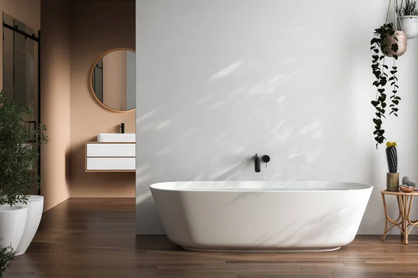 带有白色和米黄色墙壁的风格别致的浴室内部 带有椭圆形镜子的白色水盆 植物和深色地板 3D渲染 — 图库照片