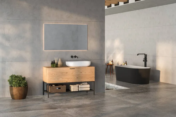 Stock image A minimalist bathroom with a sleek bathroom vanity, black and white bathtub, wall-mounted mirror, plants, concrete flooring, gray walls and a small pool. 3d rendering