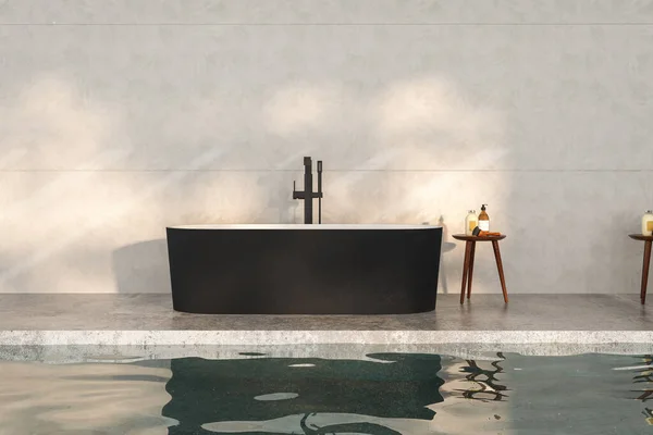Een Moderne Badkamer Met Een Zwart Bad Een Betonnen Vloer — Stockfoto