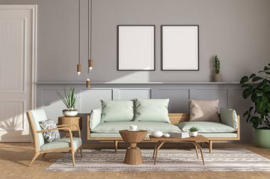 Gri kanepesi, kanepesi ve beyaz duvarı olan modern oturma odasının içinde. 3d oluşturma 