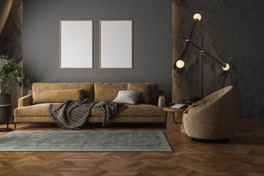 Gri ve siyah renkli oturma odası. boş çerçeveler. Minimalist tarzda dizayn, kış konsepti. Modern kanepenin kahverengi tonları var. Bitki, halı, şömine, parke döşeme, kar, pencere 33D görüntüleme.