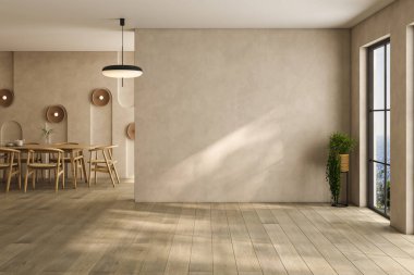 Dairenin modern iç tasarımı, masa ve sandalyeli yemek odası, bej duvarlı boş oturma odası, panorama. 3d oluşturma