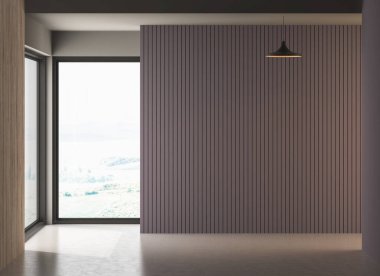 Penceresi ve ahşap parke zeminli boş oda, 3 boyutlu çizim, bilgisayar dijital çizimi. 