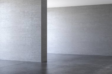 Beton duvarlı ve beton zeminli modern beyaz oda. İç tasarım. maket yap 