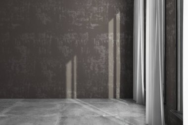 Beton duvarlı gri oda, 3 boyutlu. 