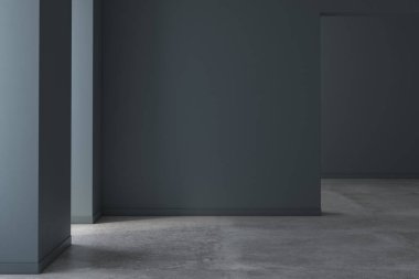 Beyaz duvarlı ve gri zeminli boş bir oda. 