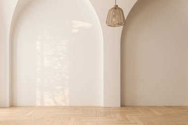 Açık kahverengi ahşap zeminli 3 boyutlu boş oda. 