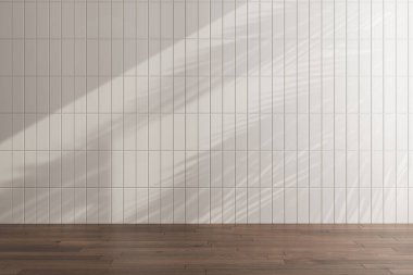 Oda perspektifi, beyaz seramik fayans duvarı ve ahşap zemin ürün gösterimi için şablon oluşturun. 3d oluşturma