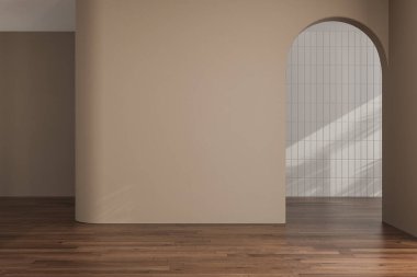 Bej duvarlı boş bej oda, beyaz fayanslar duvar, parke döşeme, güneş ışınları. 3d oluşturma