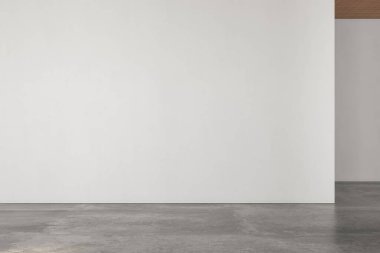 Boş odanın gerçekçi 3 boyutlu görüntüsü, güzel güneş ışığı ve siyah boş duvarda pencere çerçevesi gölgesi, beyaz duvar. Beton zemin, ahşap tavan. Arka plan, iç mekan. Ön görüntü. Model yap..