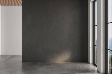 Boş odanın gerçekçi 3 boyutlu görüntüsü, güzel güneş ışığı ve siyah boş duvarda pencere çerçevesi gölgesi, beyaz duvar. Beton zemin, ahşap tavan. Arka plan, iç mekan. Ön görüntü. Model yap..