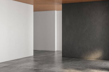 Boş odanın gerçekçi 3 boyutlu görüntüsü, güzel güneş ışığı ve siyah boş duvarda pencere çerçevesi gölgesi, beyaz duvar. Beton zemin, ahşap tavan. Arka plan, iç mekan. Ön görüntü. Model yap..